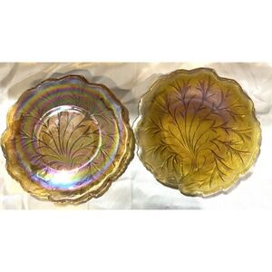 2- VTG‎ Indiana Glass Iridescent Marigold Branch Carnival Glass Plate 10" (2388)